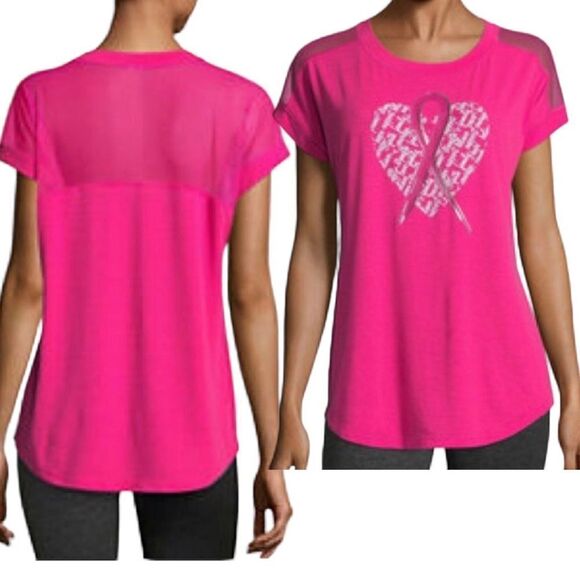 BREAST Cancer Awareness Sheer Shoulder Top Barbiecore Hot pink foil accent NWT - Picture 1 of 13